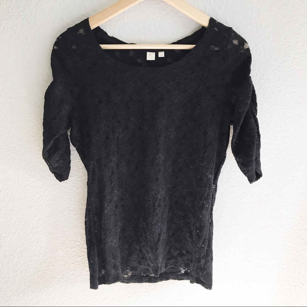 Anthropologie Eloise lace top with ruched sleeves